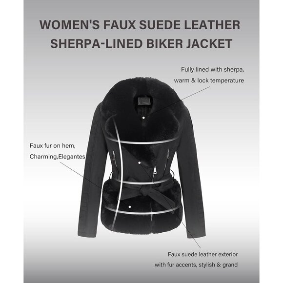 ⚡Women's Black Faux Leather Jacket Moto Biker Lined Coat Removable Fur Collar - Picture 3 of 5